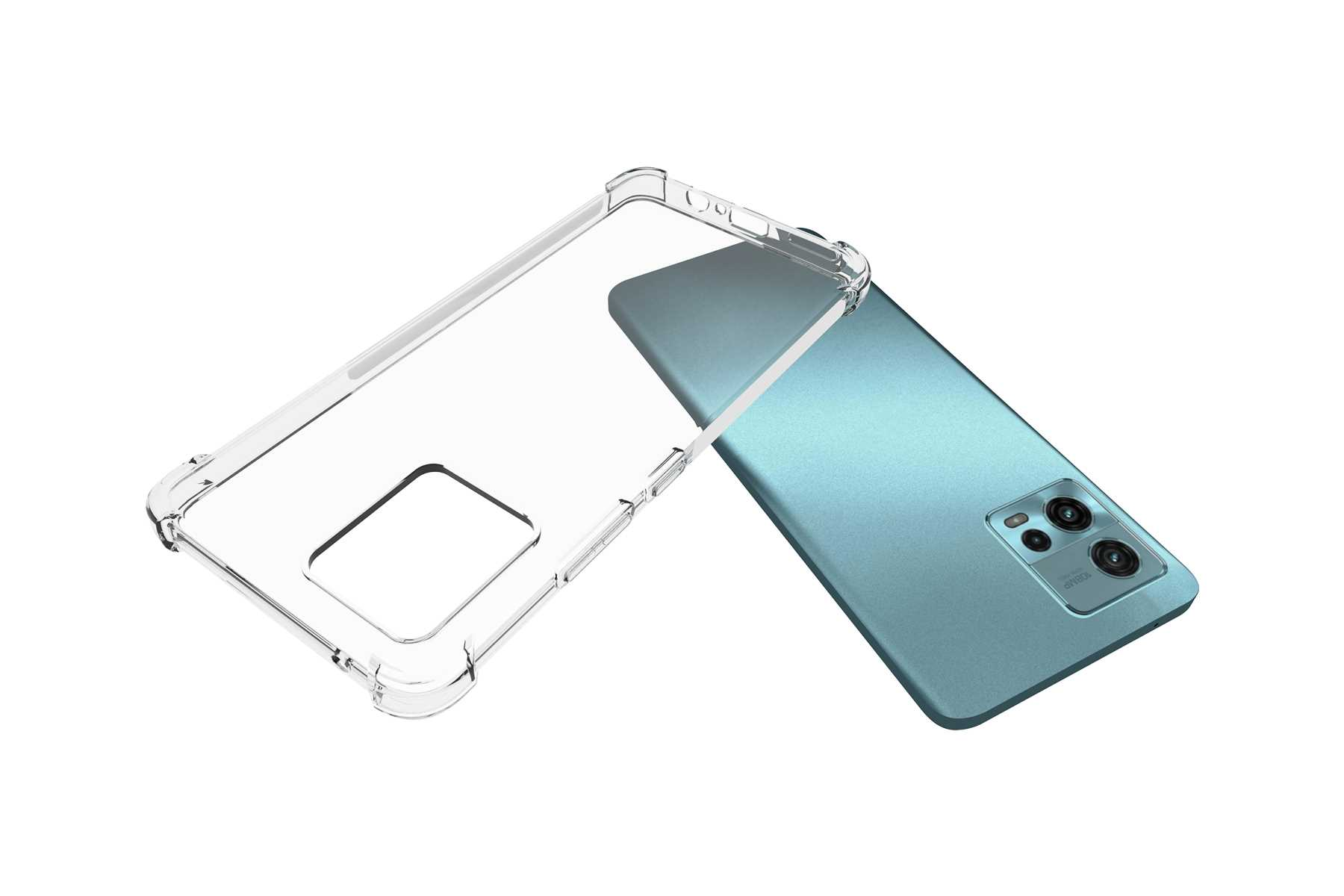 Eine transparente Handyhülle liegt neben einem türkisfarbenen Telefon offen.