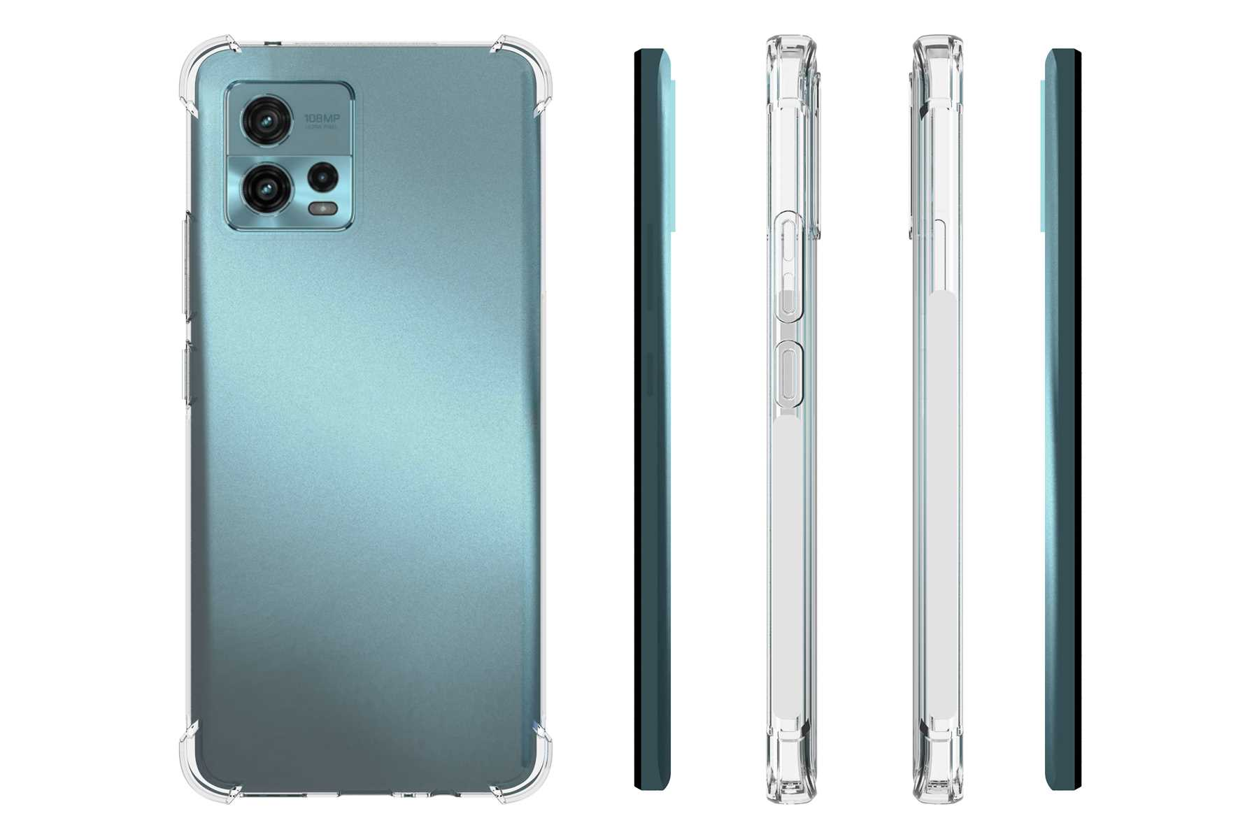 Ein Smartphone in einer durchsichtigen Hülle aus verschiedenen Blickwinkeln vor weißem Hintergrund.