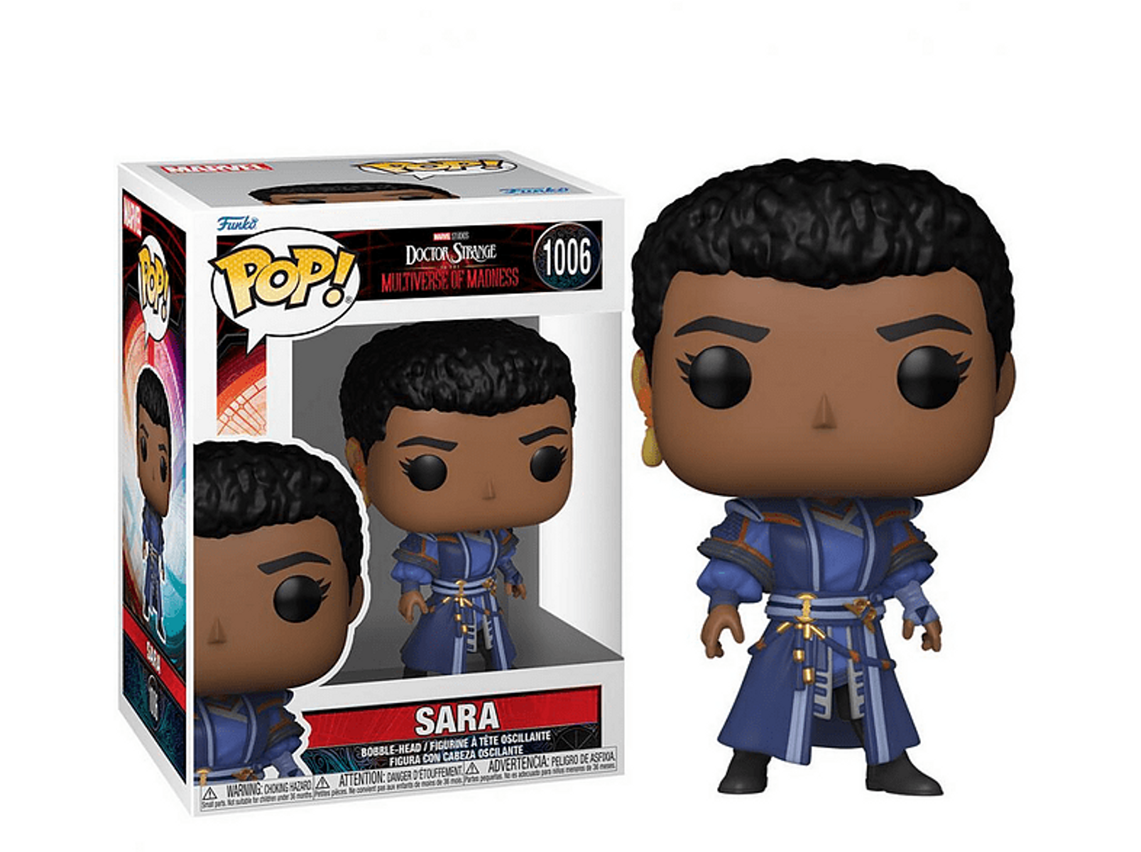 Funko Pop figure of a woman in a blue and gold outfit, with a box on the left.