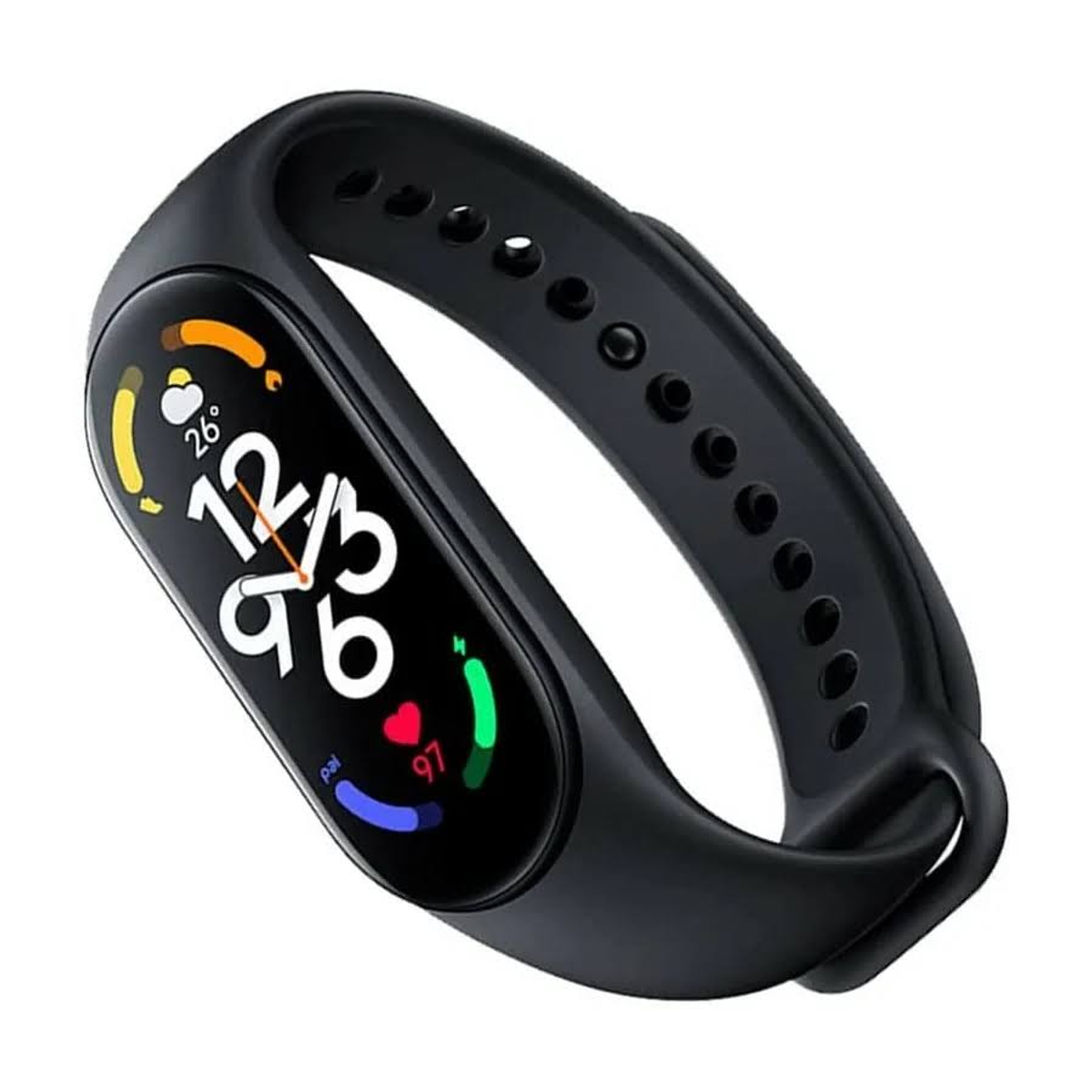Czarny smartwatch wyświetlający czas i dane zdrowotne. Czarny pasek. Białe tło.