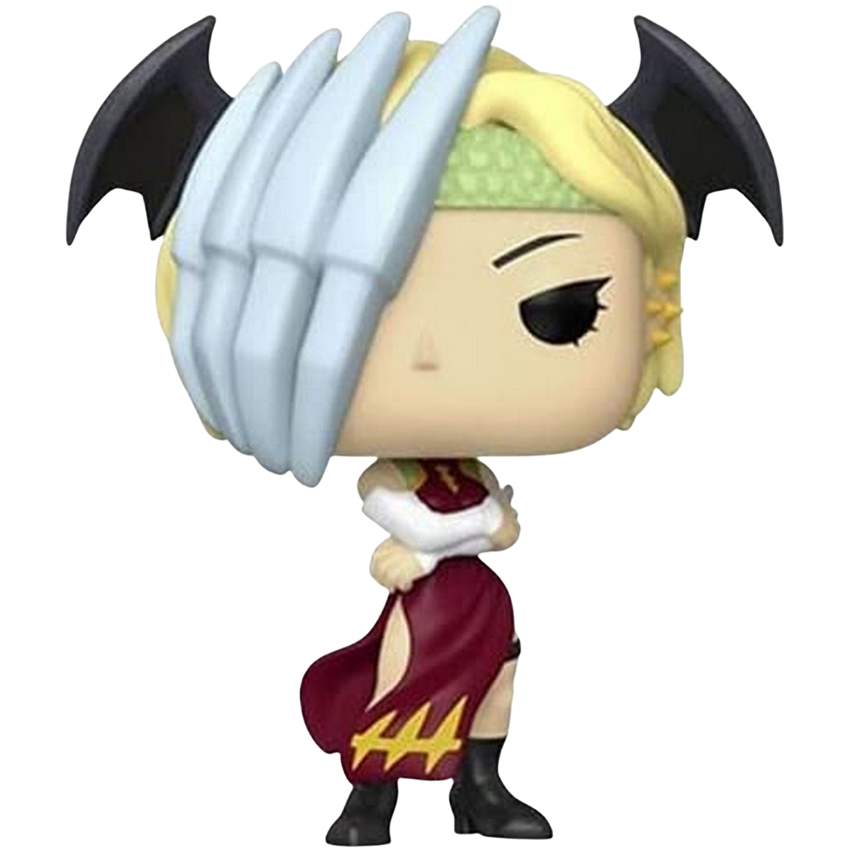 Funko Pop Figur einer Frau mit blonden Haaren, Flügeln und einem roten Kleid.