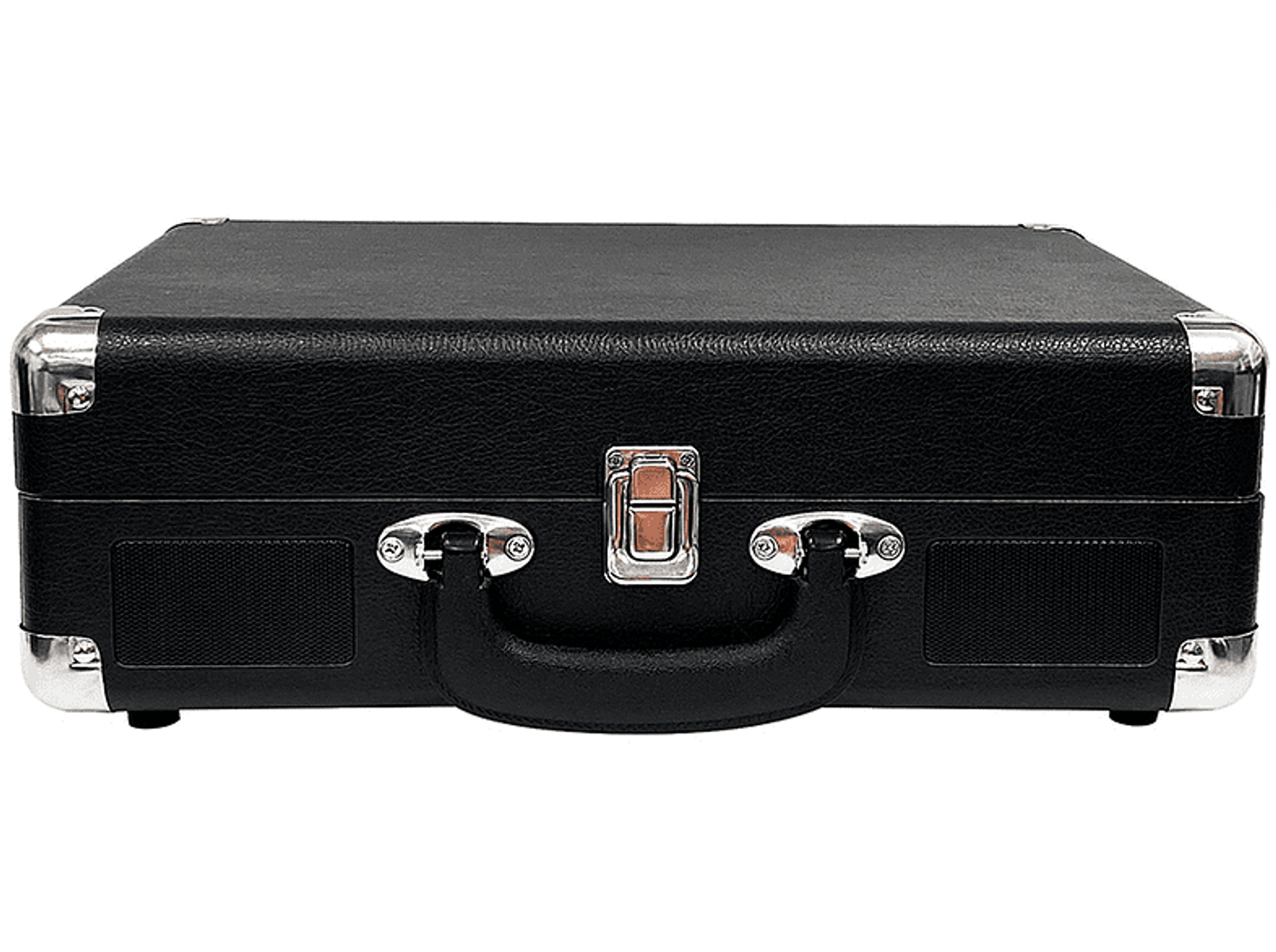 Czarna walizka ze srebrnymi narożnikami, uchwytem i zapięciem. Ma głośniki.