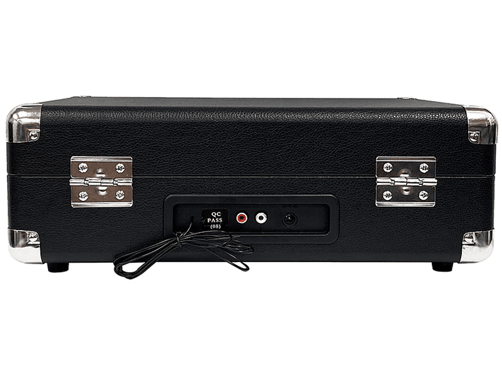 Czarny gramofon ze srebrnym wykończeniem, pokazujący tył z portami wejścia/wyjścia.