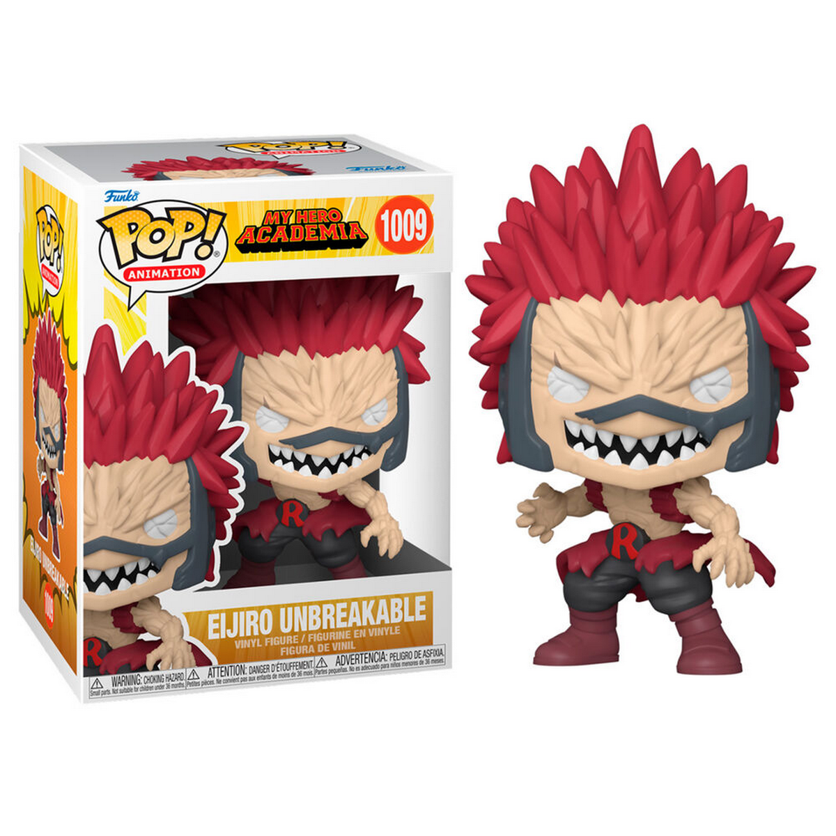 Kirishima Eijiro Funko Pop Figur in einer Box. Rotes Haar und ein entschlossener Ausdruck.