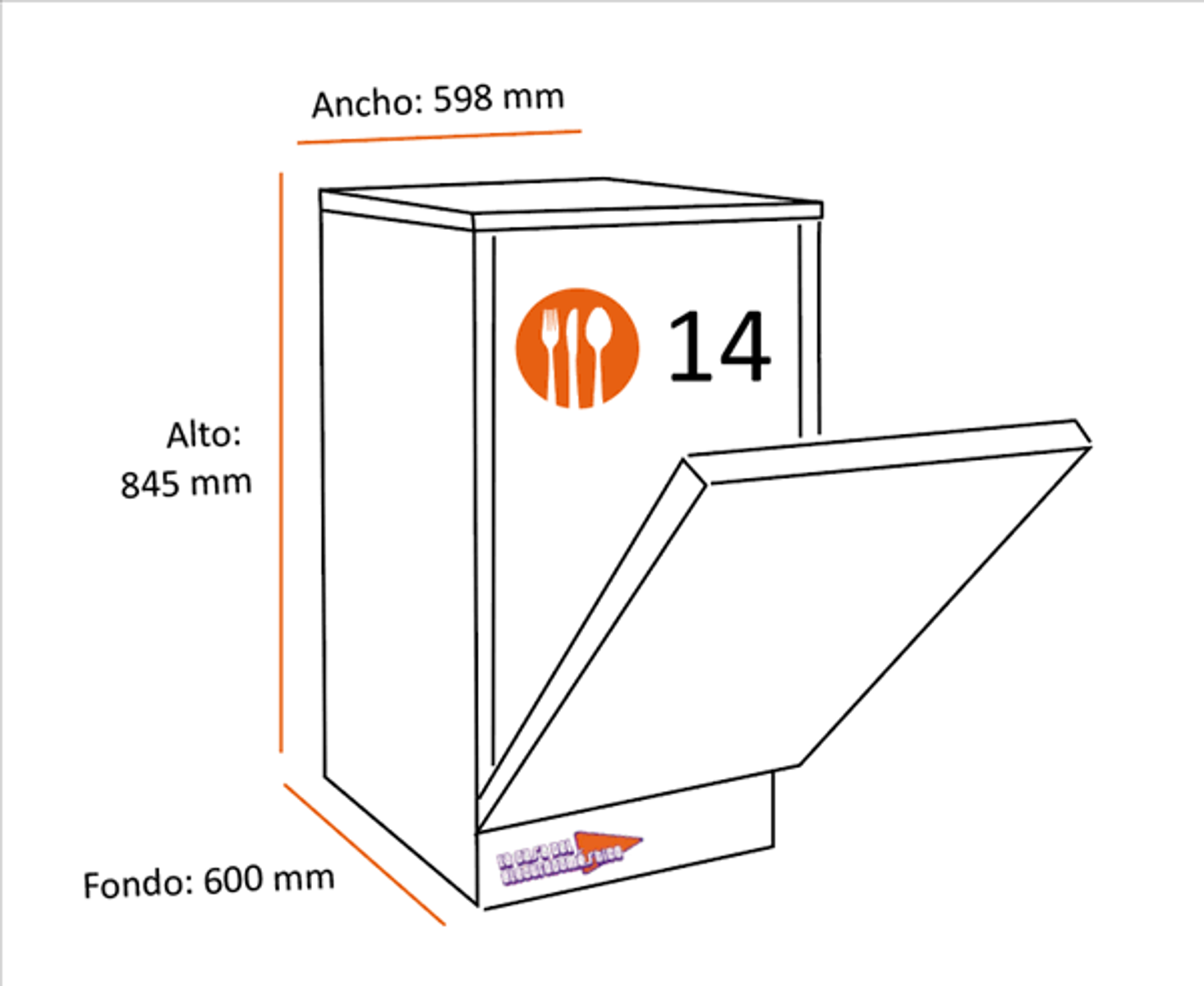 Lavavajillas blanco con puerta abierta, dimensiones etiquetadas con texto y medidas.