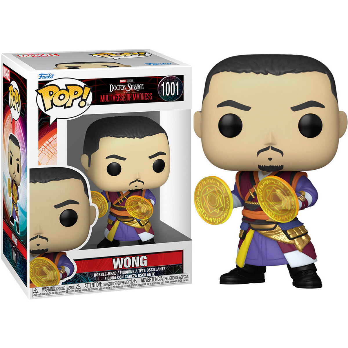 Figura Wong Funko Pop in scatola. Una figura di Wong in piedi con due scudi d'oro.