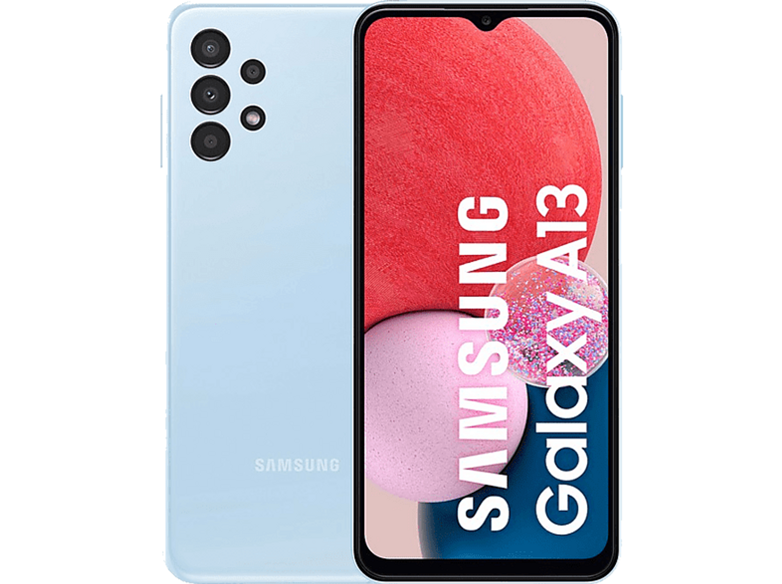Smartphone azul con fondo rosa y rojo, mostrando la parte delantera y trasera del dispositivo.