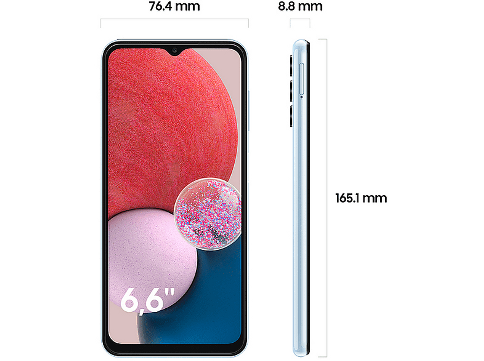 Un teléfono Samsung azul claro muestra una pantalla con fondo brillante. Dimensiones anotadas.