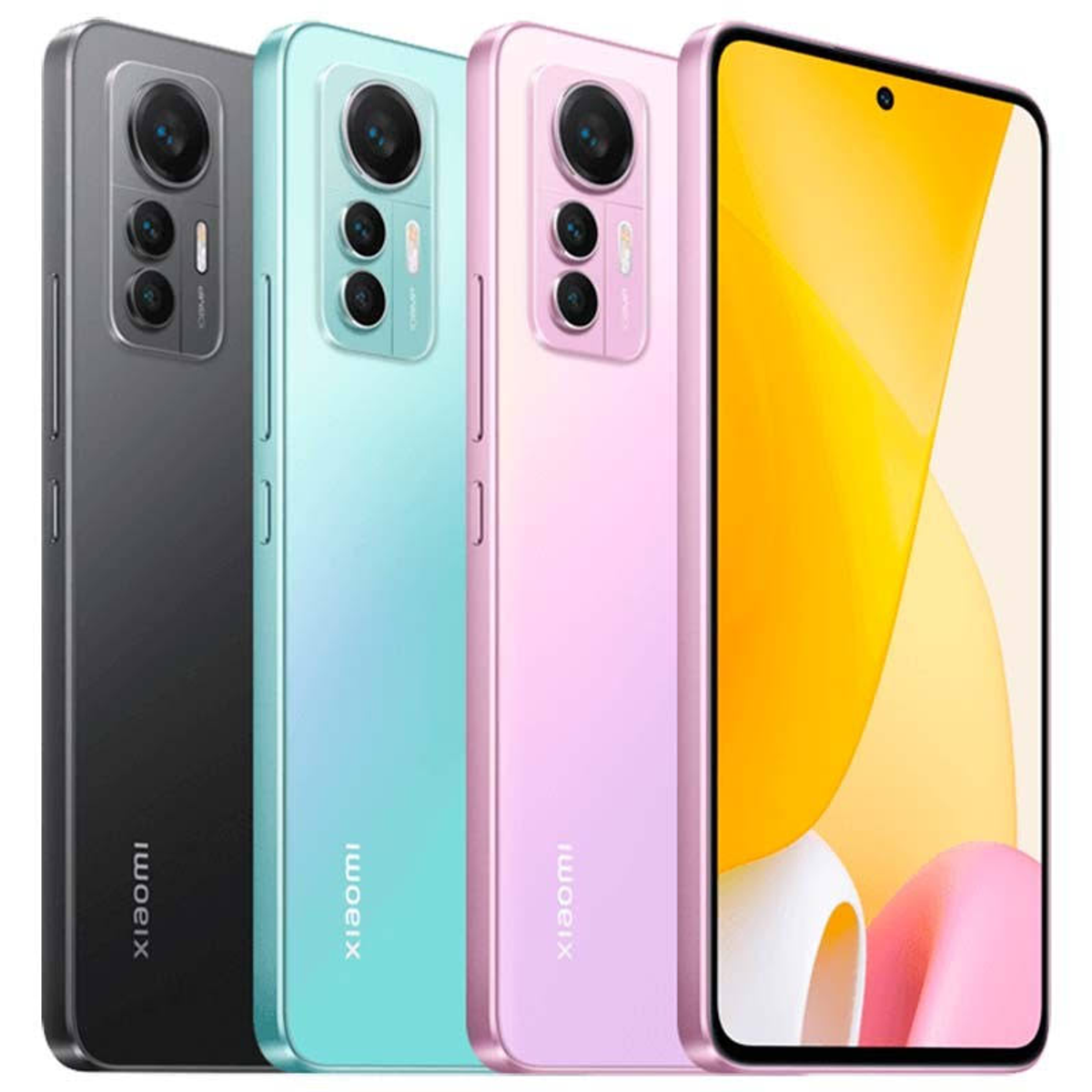 Wyświetlane są trzy smartfony w kolorze szarym, turkusowym i różowym, z czwartym telefonem pokazującym swój ekran.