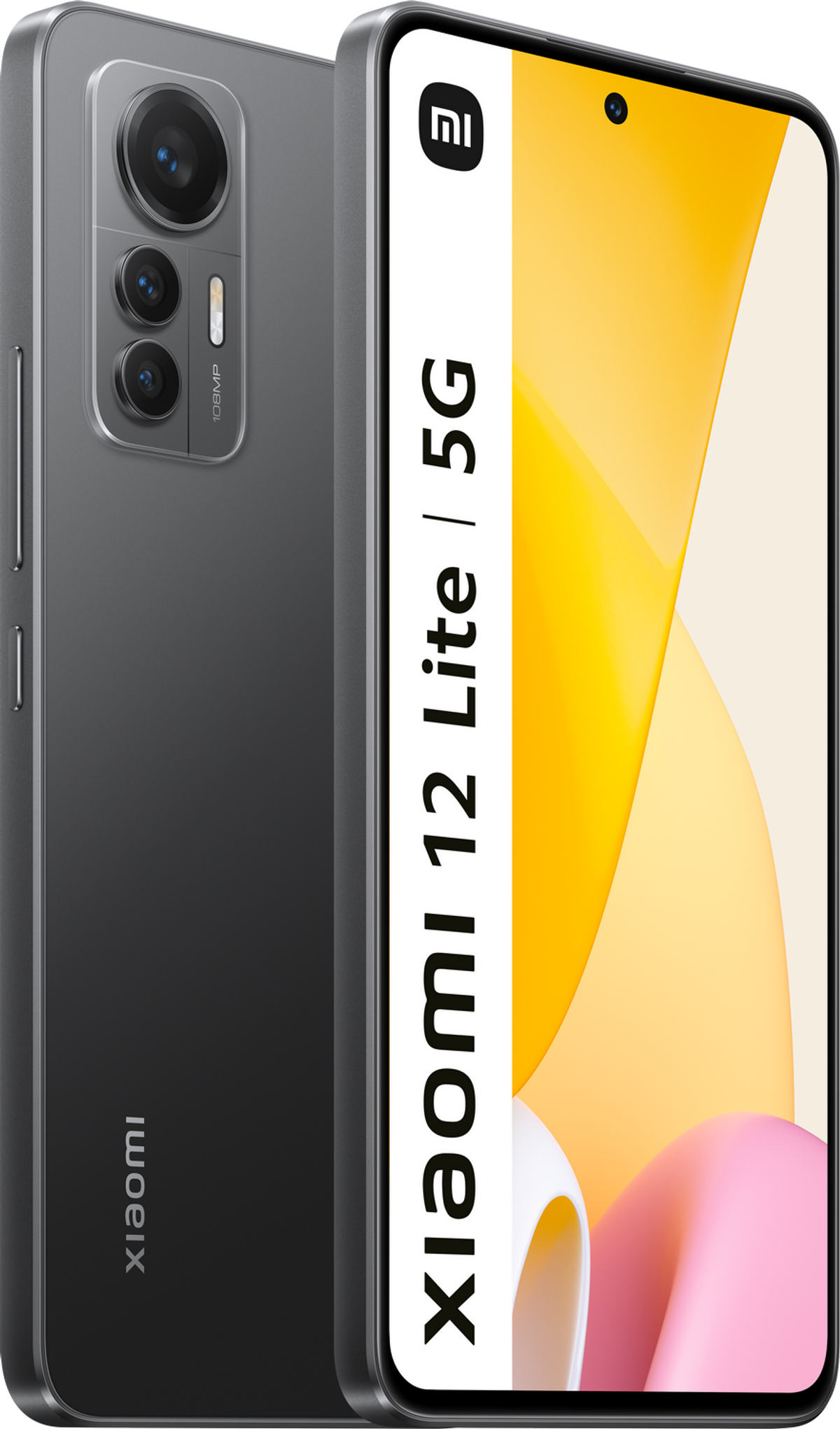 Smartfon Xiaomi 12 Lite 5G. Szary tył z trzema aparatami. Biały pasek z tekstem.