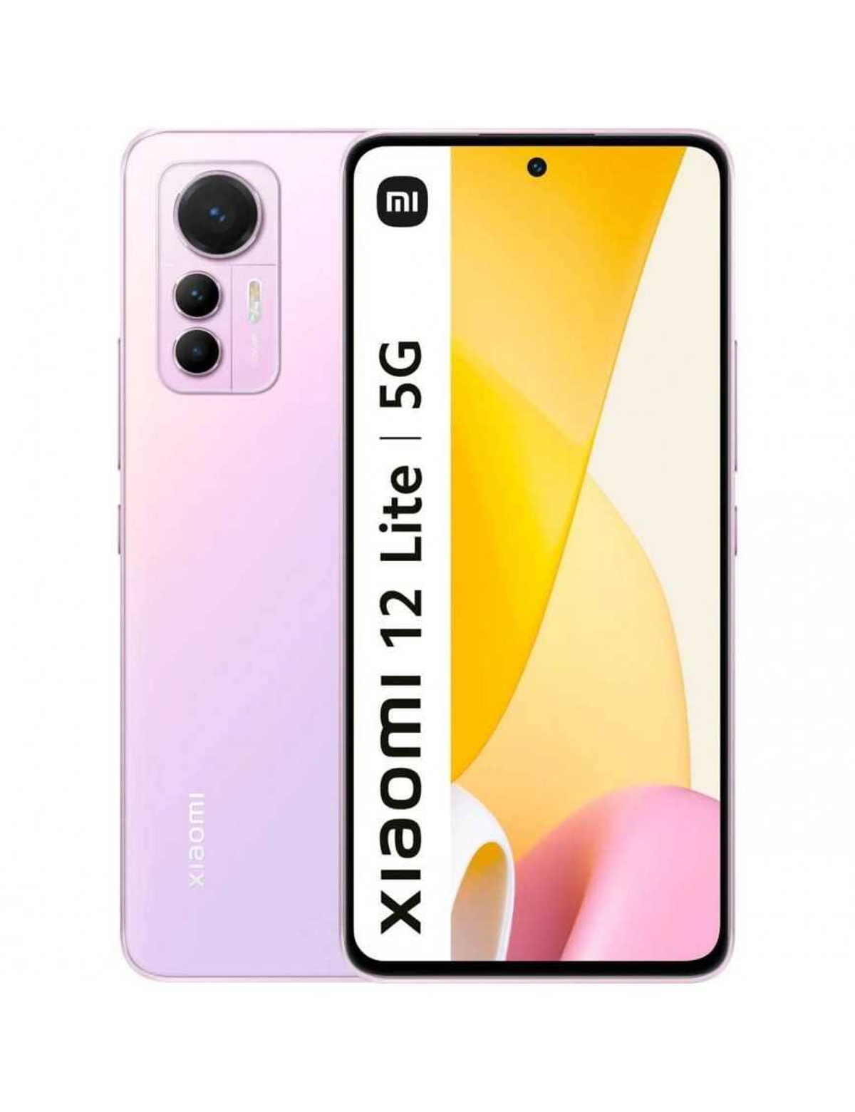 Różowy telefon Xiaomi 12 Lite 5G, pokazujący tył i ekran z grafiką.