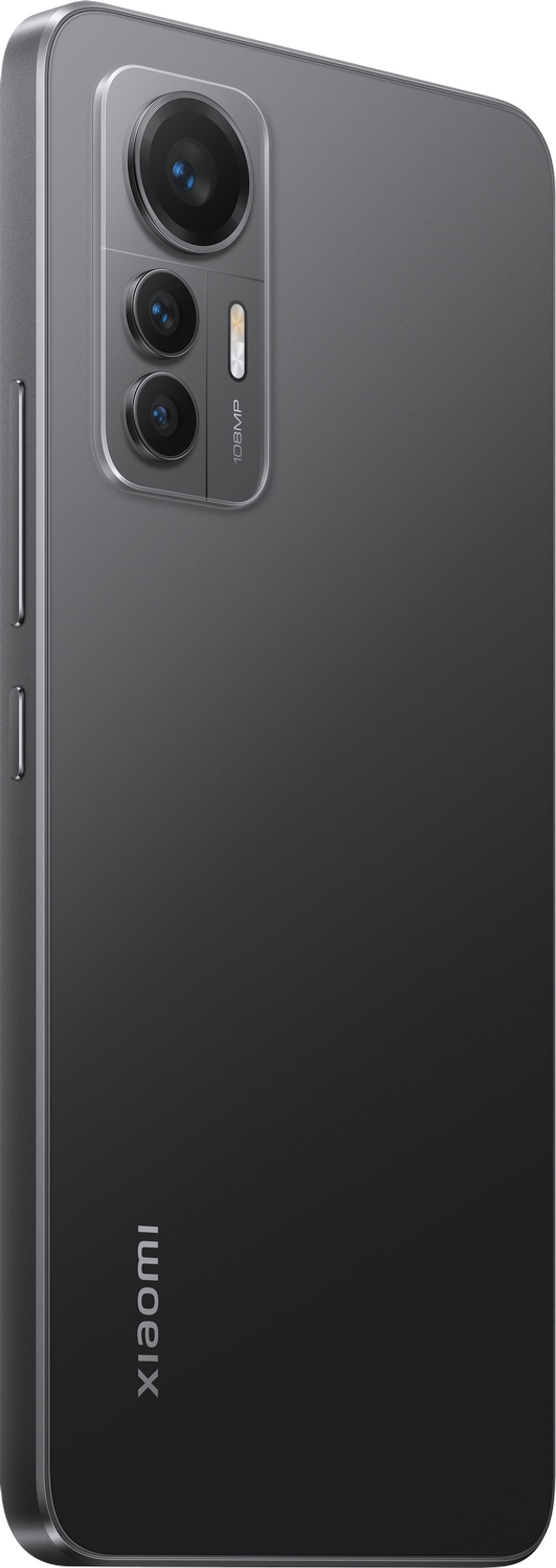 Ciemnoszary telefon Xiaomi, widok z tyłu, z obiektywami aparatu i nazwą marki z boku.