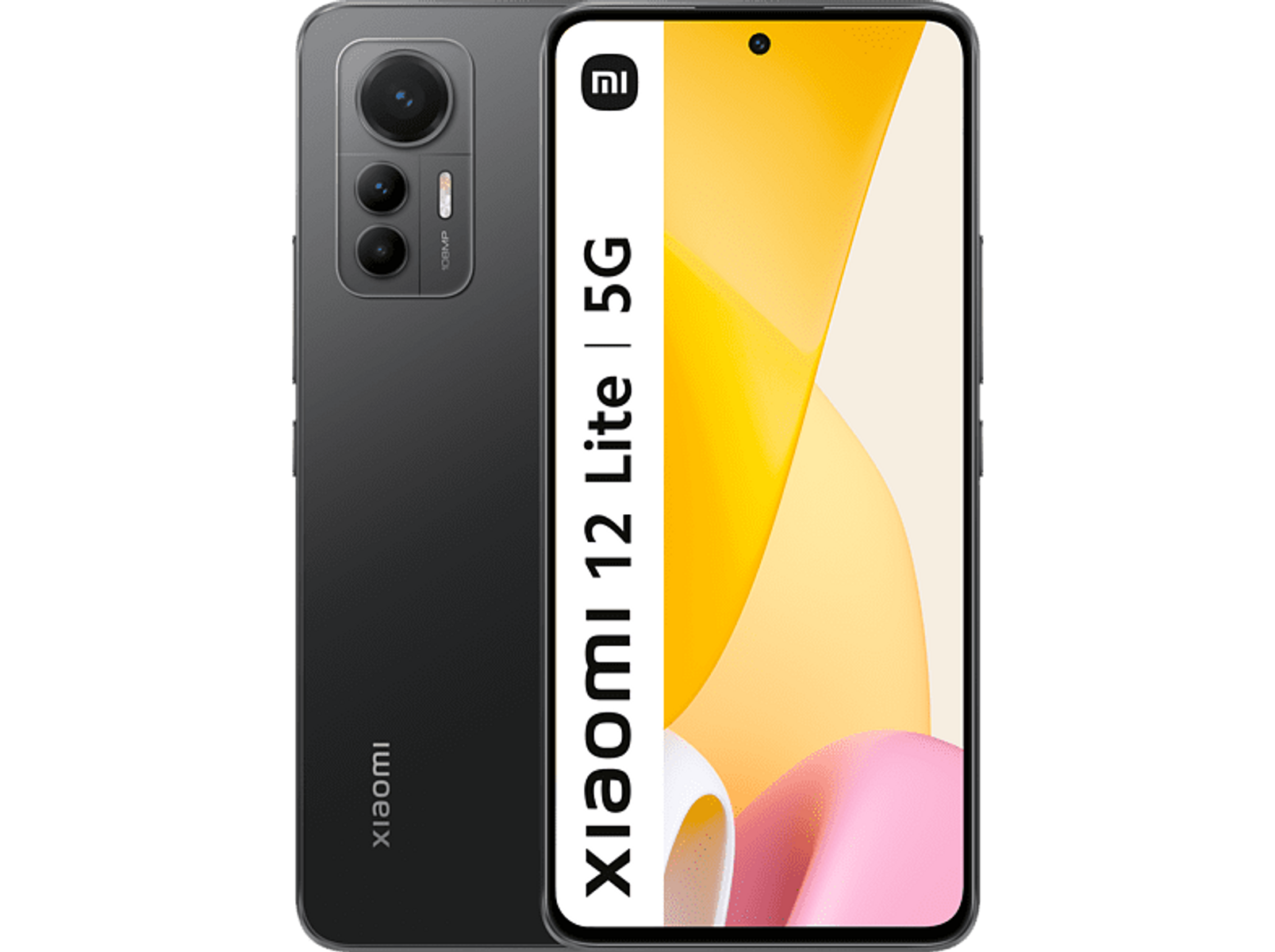 Czarno-szary smartfon, pokazujący przód i tył, z biało-żółtą grafiką.