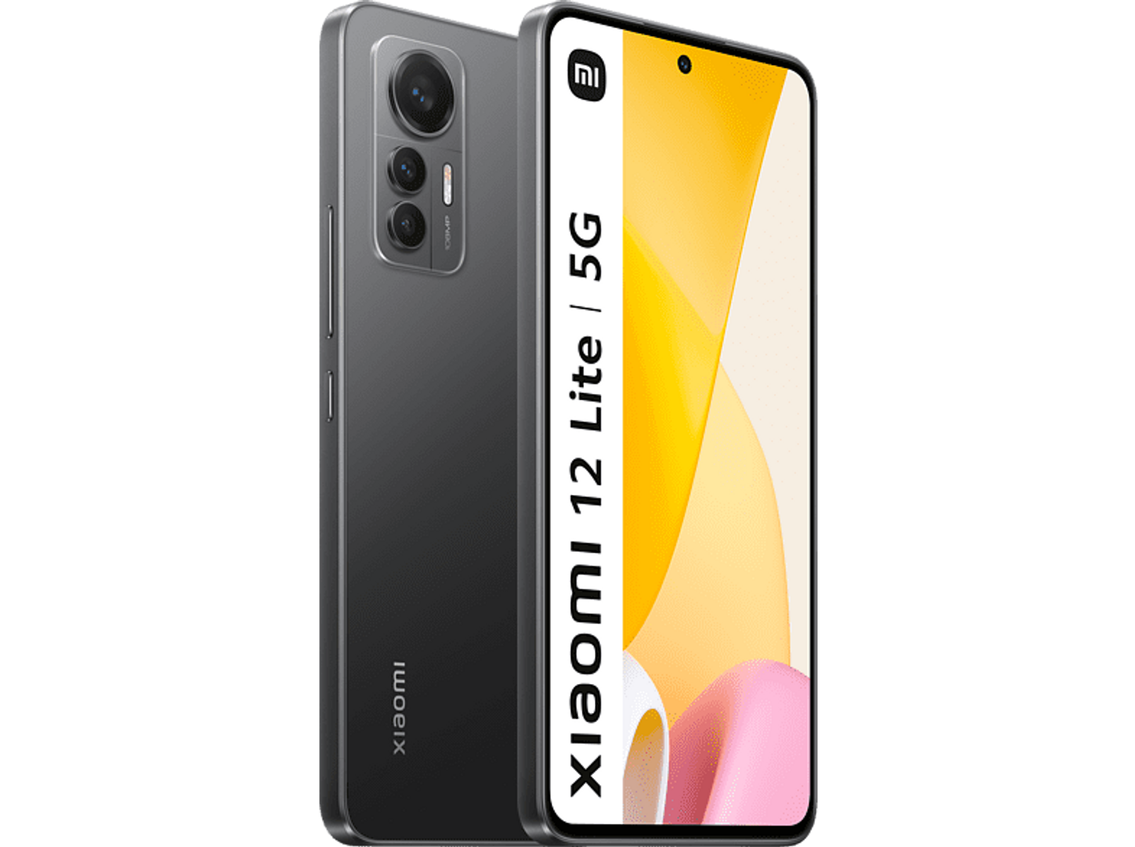 Szary telefon Xiaomi 12 Lite 5G. Ekran jest włączony i pokazuje żółte tło.