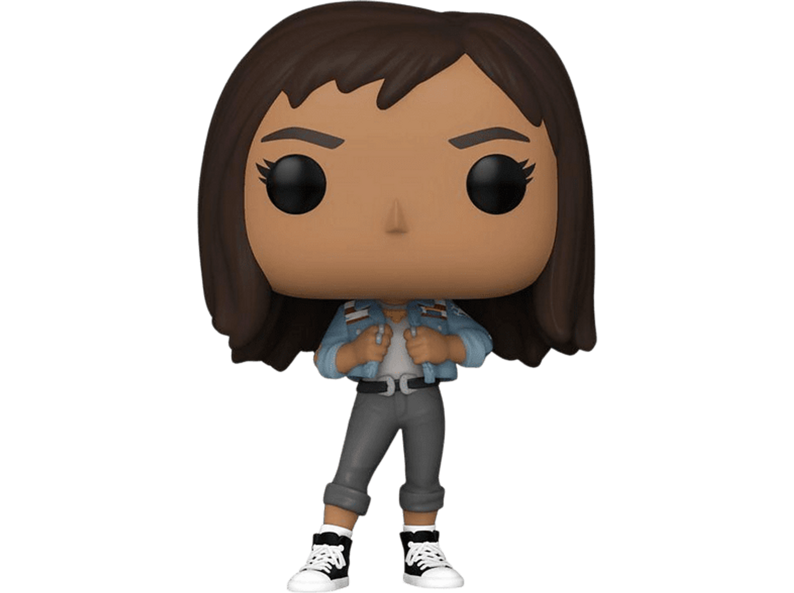 Funko Pop di una donna con giacca di jeans e pantaloni grigi.