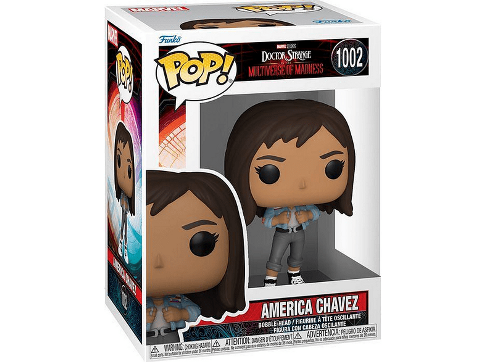 Figura Funko Pop di America Chavez. La figura è in una scatola con immagini del personaggio.