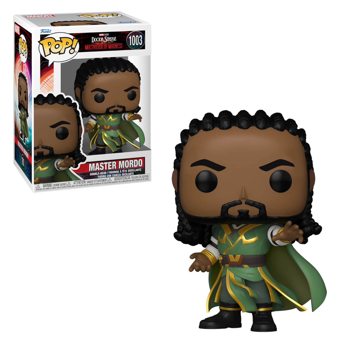 Funko Pop figure of Master Mordo in a box. Mordo is in green and gold.