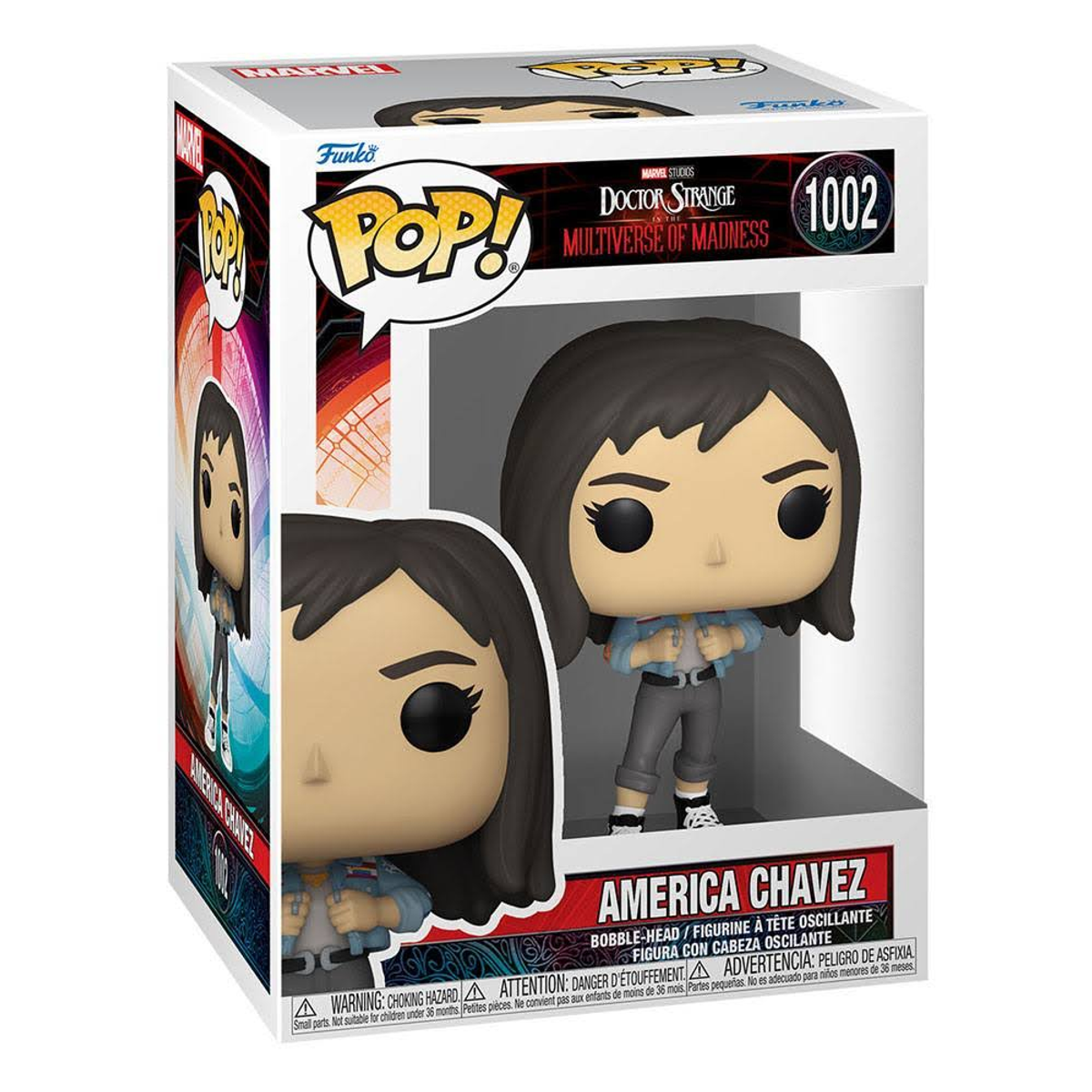 A Funko Pop figure of America Chavez in a box. She wears a denim jacket and stands in a heroic pose.