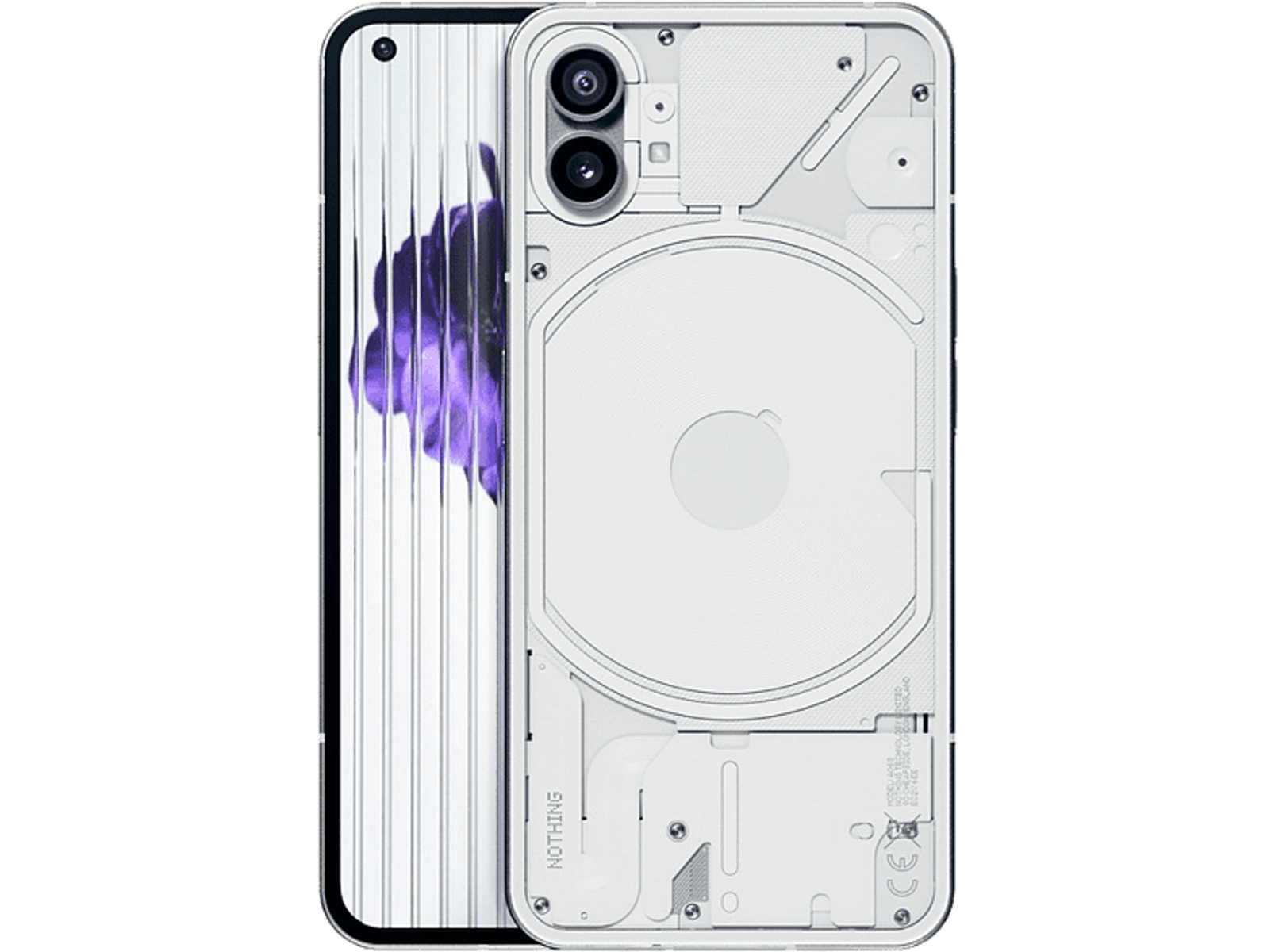 Biały telefon Nothing z widocznymi elementami wewnętrznymi. Widok z tyłu, elegancki design.