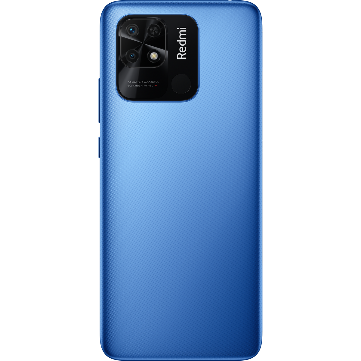 Niebieski smartfon Redmi z wieloma obiektywami z tyłu. Czarne tło.