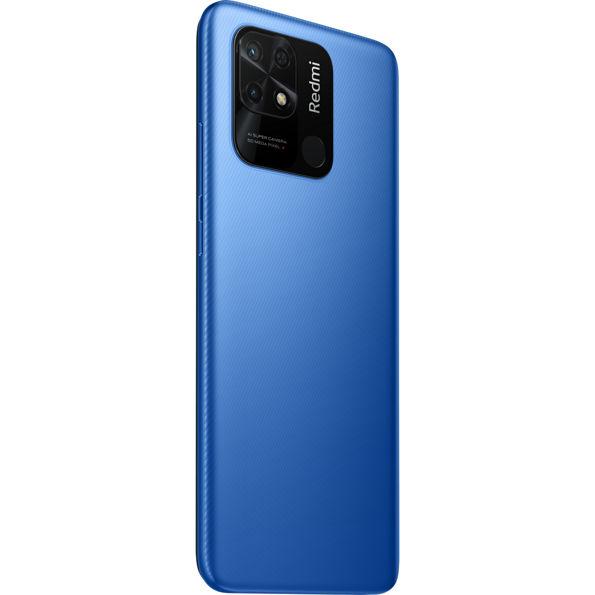 Niebieski telefon Redmi, widok z tyłu, z modułem aparatu i marką na czarnym tle.