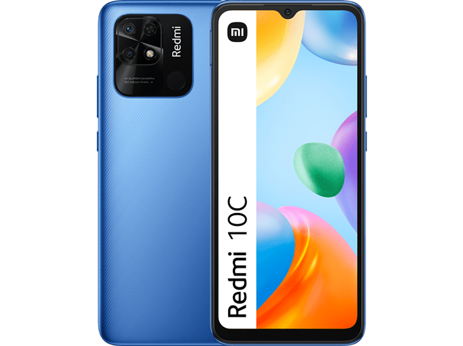 Niebieski smartfon Redmi 10C, widok z tyłu i z przodu. Posiada aparat z trzema obiektywami i logo Redmi.