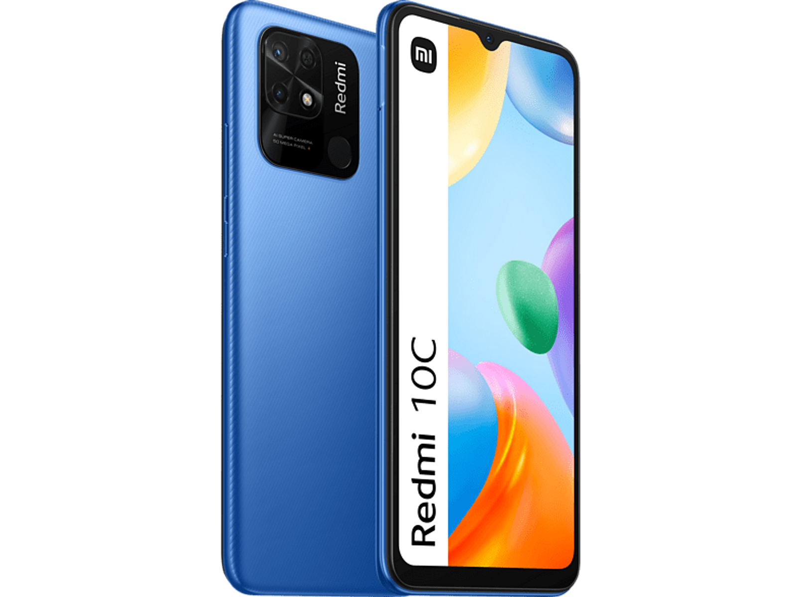 Niebieski smartfon z ekranem wyświetlającym kolorową grafikę na czarnym tle.