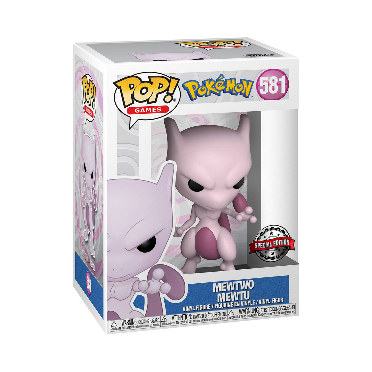 Figurka Funko Pop Mewtwo w pudełku. Figurka jest lawendowa z różowymi akcentami i naklejką specjalnej edycji.