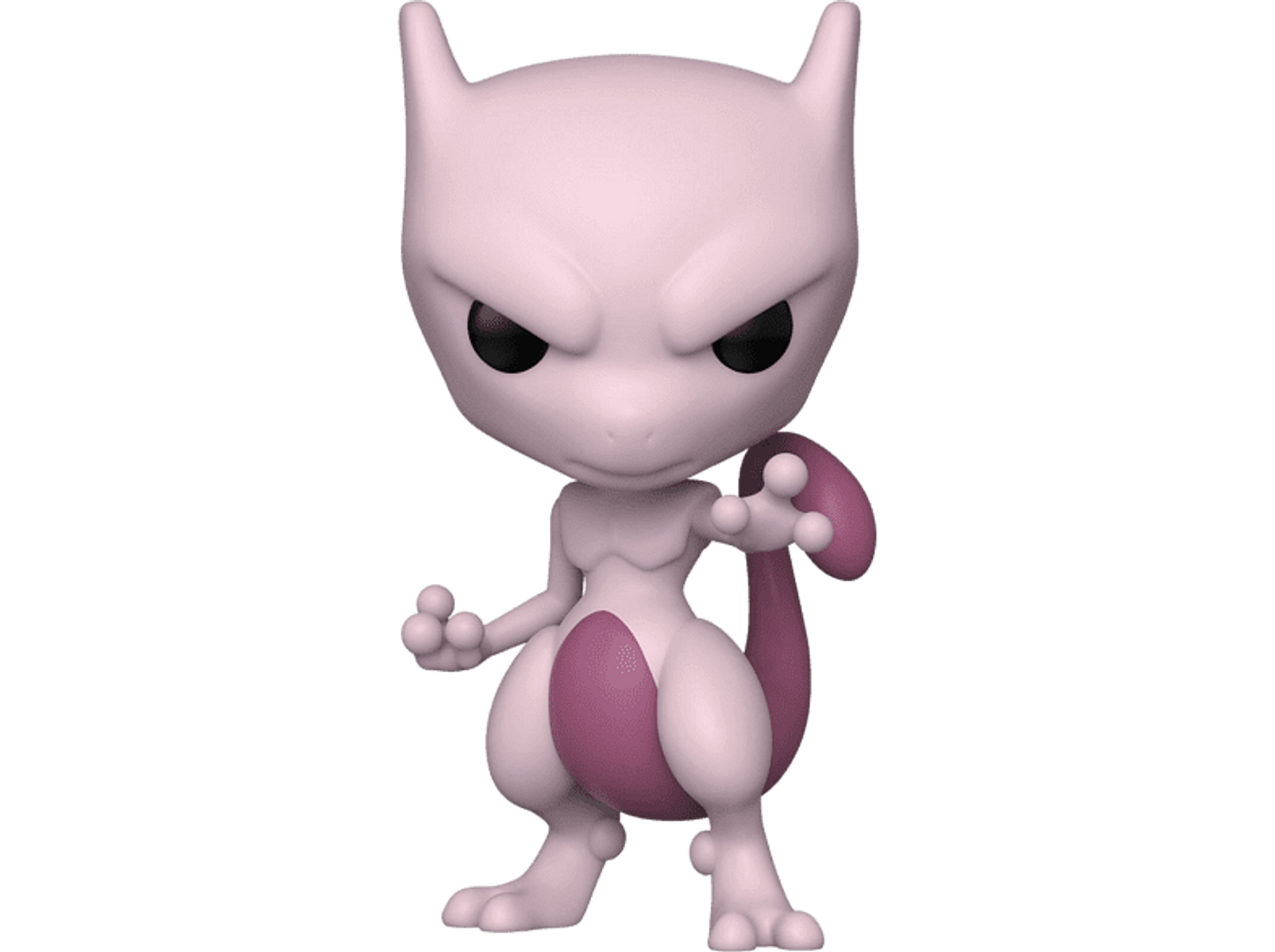 Różowa i biała figurka Mewtwo w dynamicznej pozie, na czarnym tle.