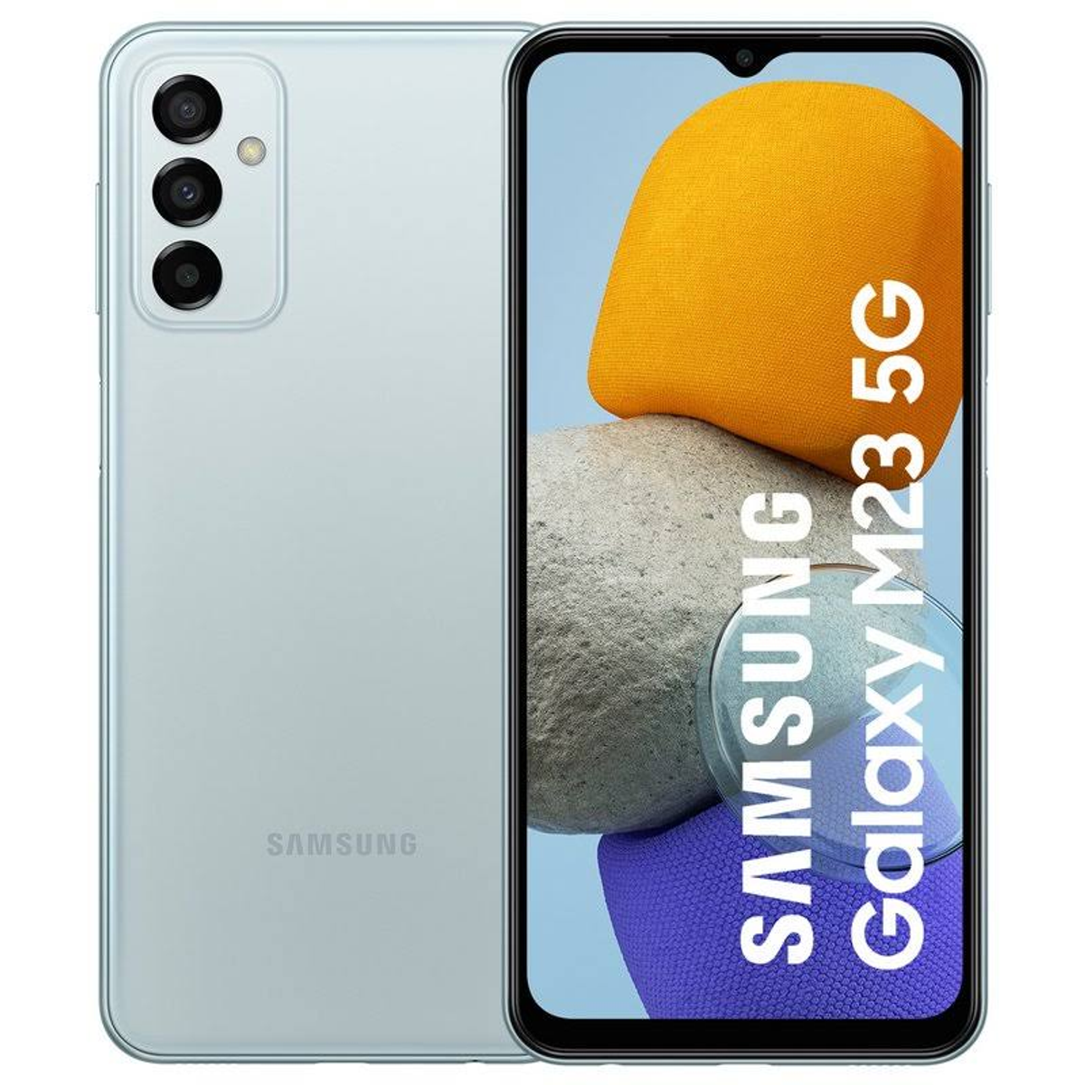 Smartphone azul con tres cámaras traseras. En la pantalla dice 'Samsung Galaxy M23 5G'.
