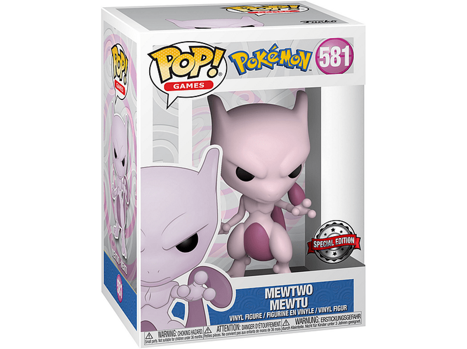 Figurka Mewtwo w pudełku Funko Pop. Fioletowy Mewtwo na białym tle ze szczegółami pudełka.