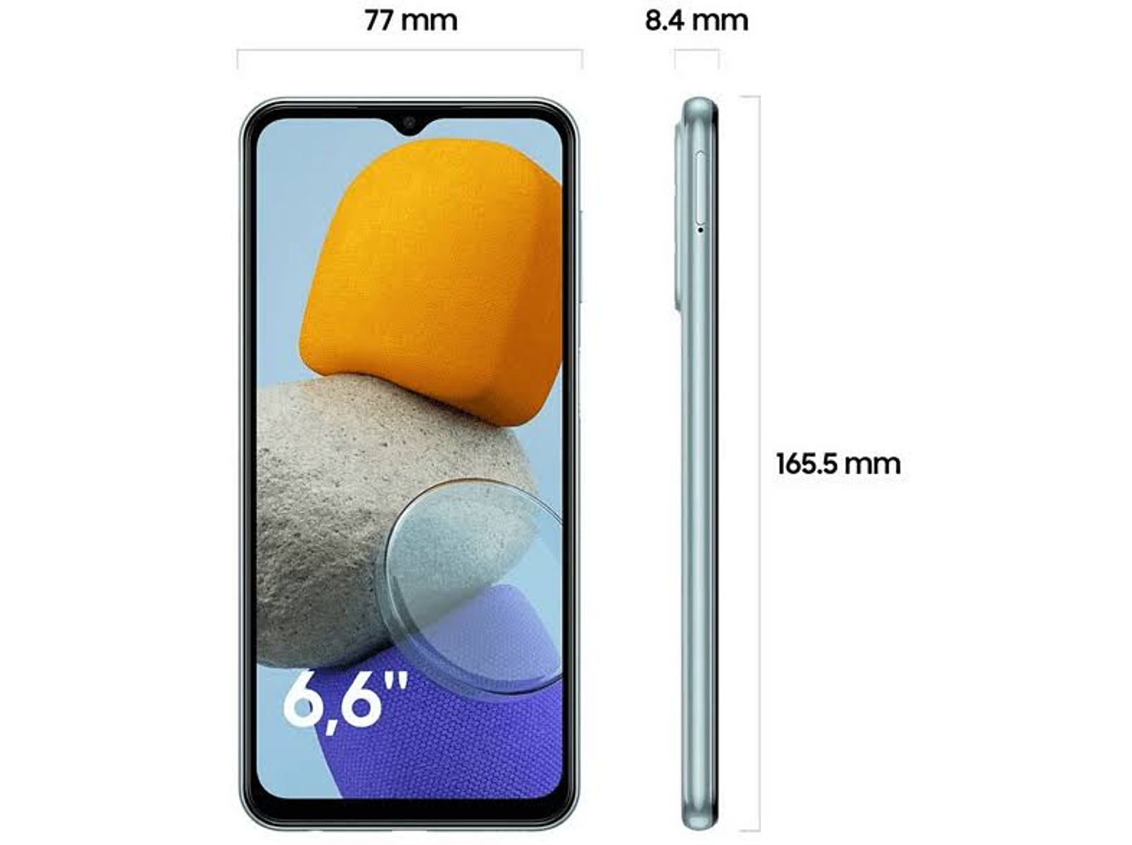 Smartphone que muestra la pantalla, perfil lateral con medidas.