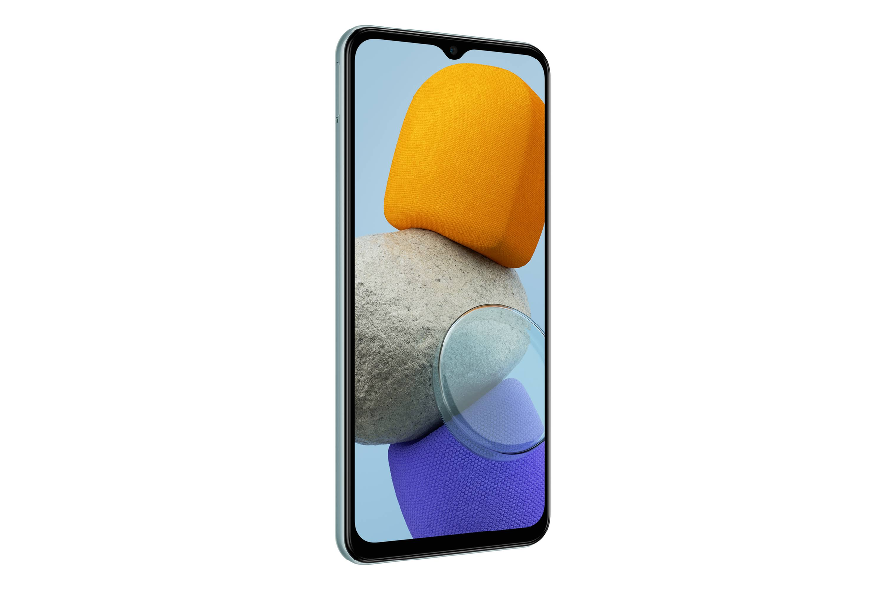 Smartphone con pantalla que muestra una imagen abstracta 3D con formas amarillas y naranjas.