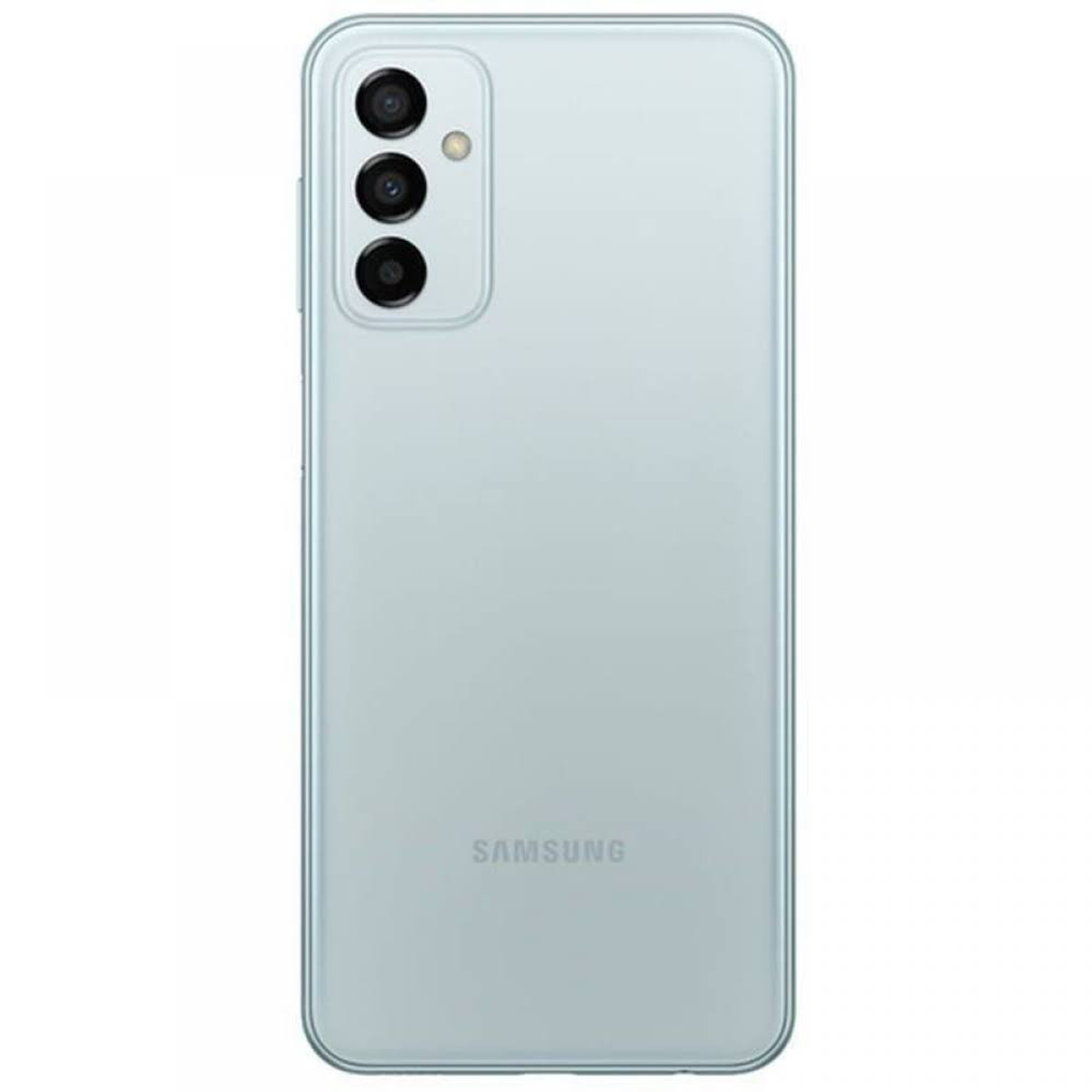 Parte trasera de un teléfono Samsung azul claro con tres cámaras. El logo Samsung está abajo.