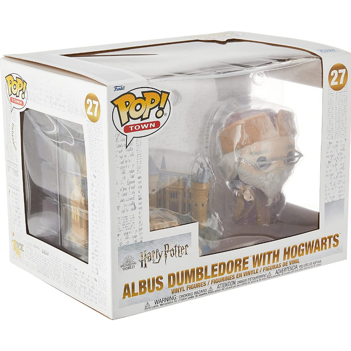 Figura Funko Pop di Albus Silente con Hogwarts in una scatola. La scatola presenta dettagli e scritte.