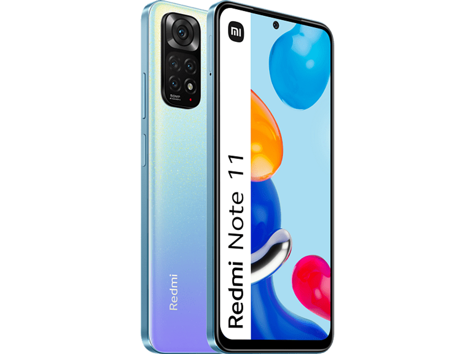 Smartfon Redmi Note 11. Niebieski gradient z tyłu, wiele aparatów. Białe zdjęcie produktu.