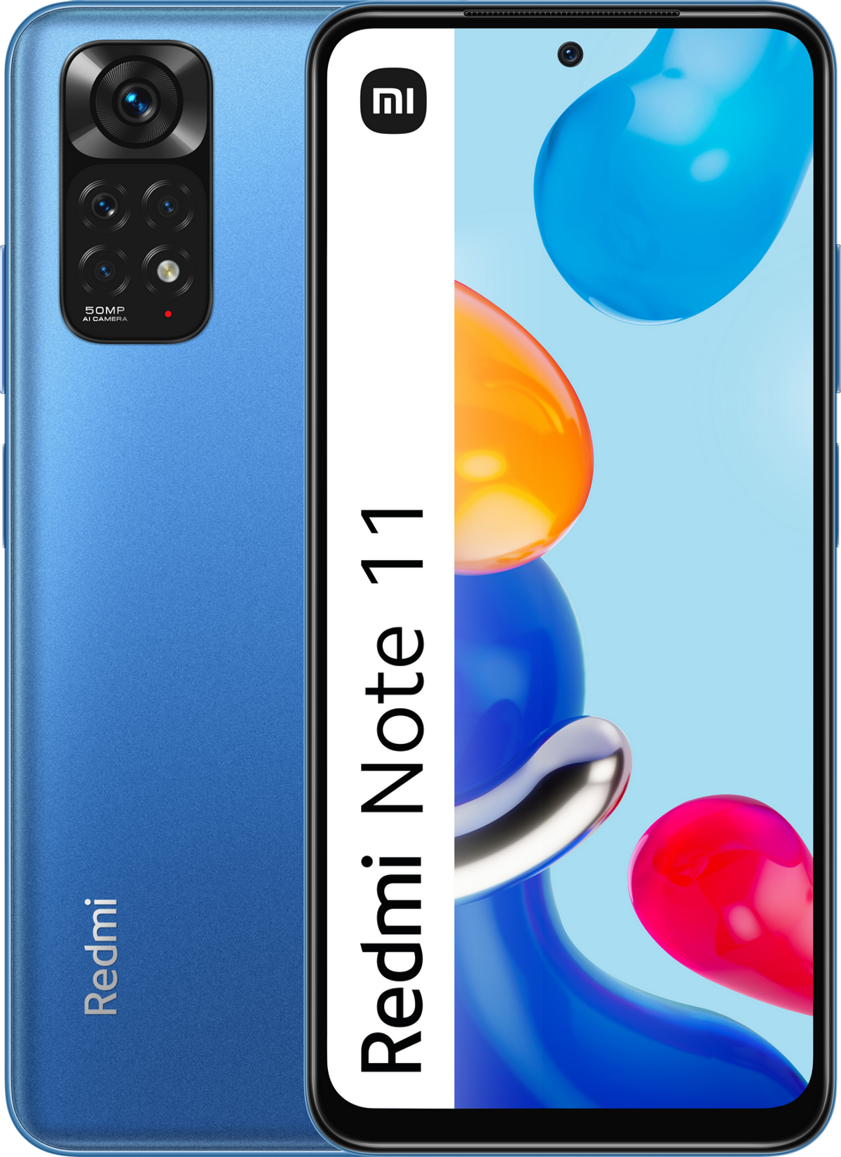 Niebieski smartfon Xiaomi Redmi Note 11 z logo Redmi.