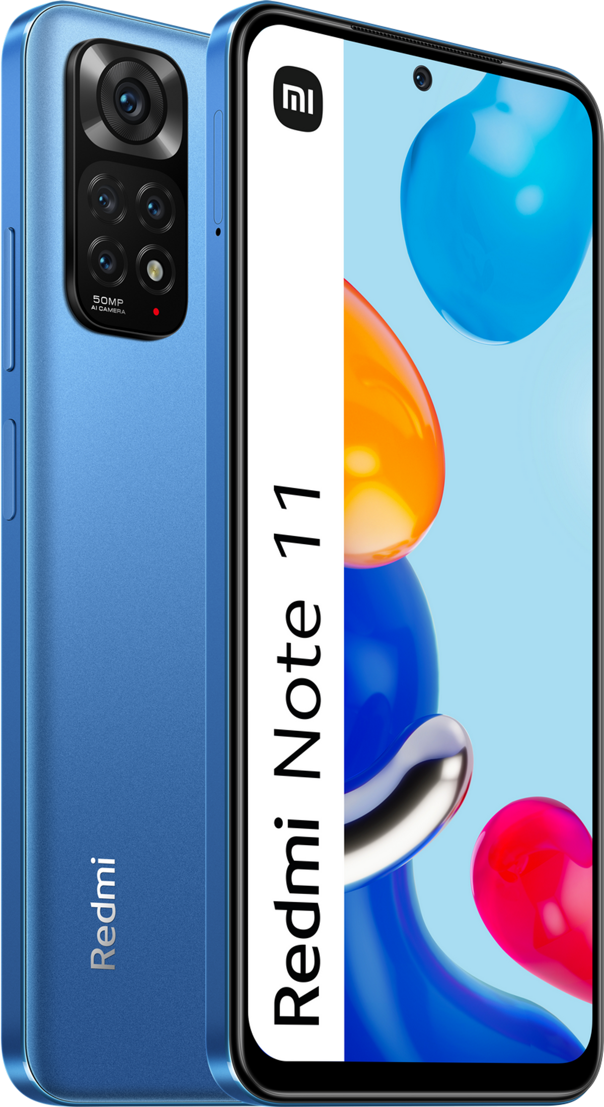 Niebieski smartfon, pokazujący kolorowy ekran. Tył z aparatem, logo Redmi. Biały pasek z boku.