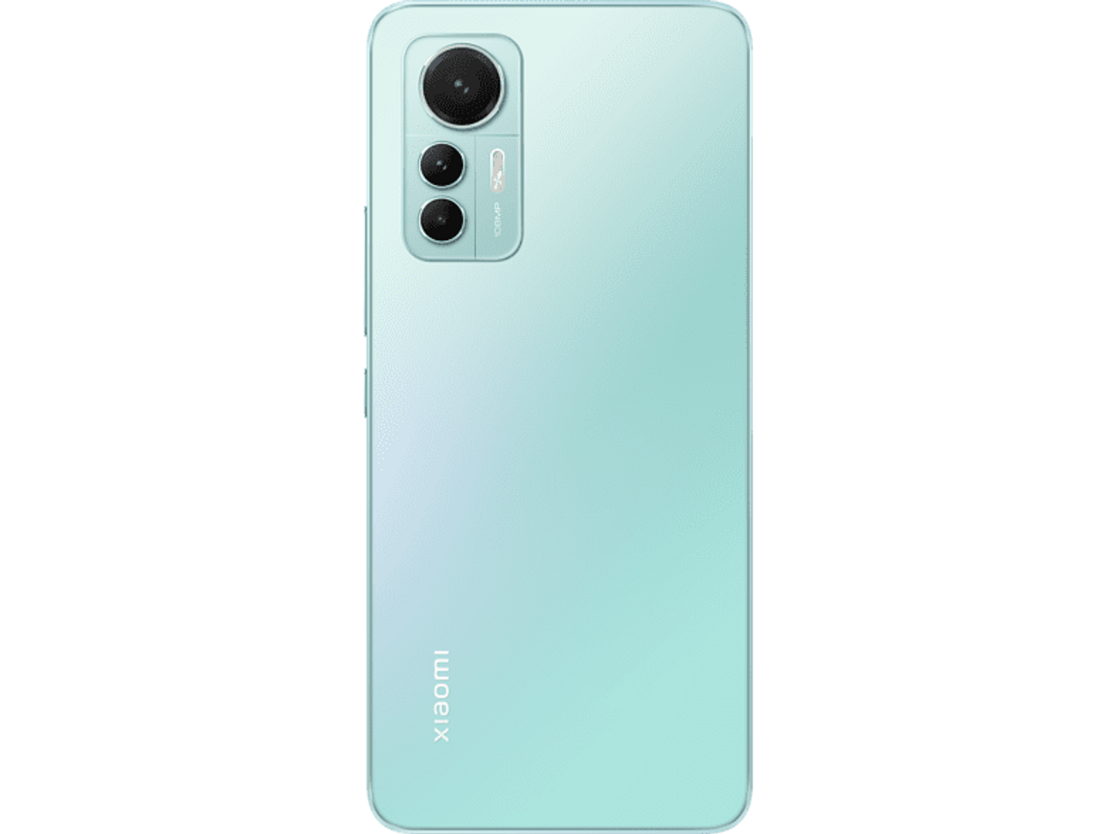 Tył miętowo-zielonego telefonu z trzema aparatami i logo Xiaomi.