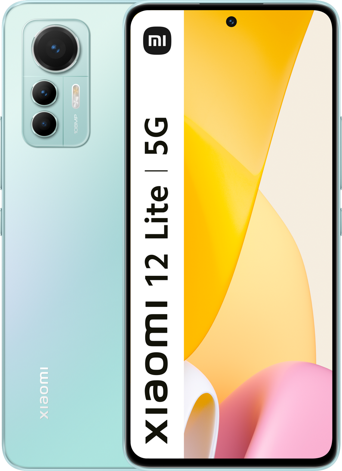 Miętowy zielony telefon Xiaomi 12 Lite 5G, z tekstem z boku. Tył pokazuje trzy kamery.