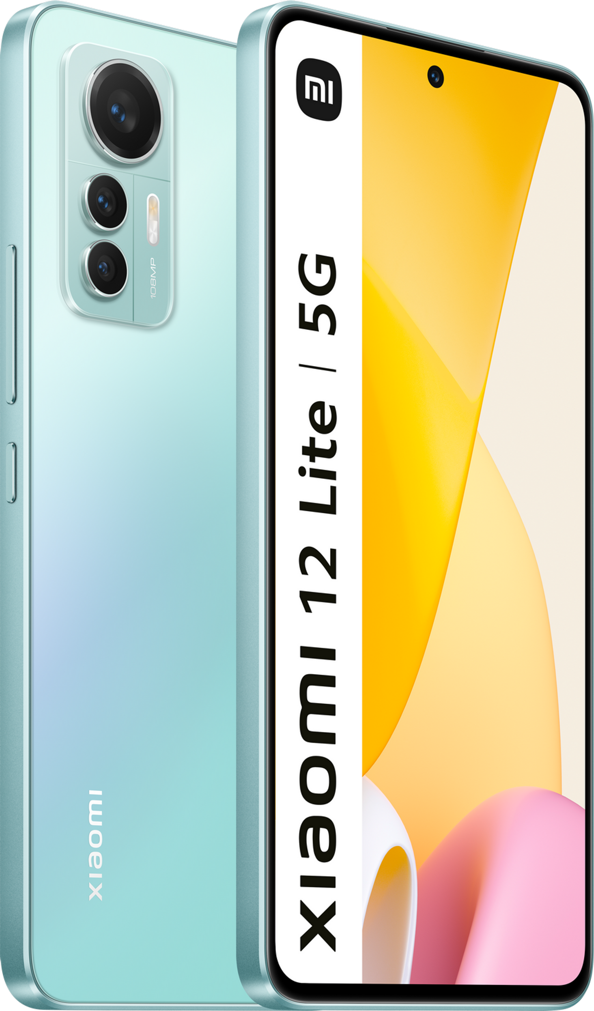 Miętowy zielony telefon Xiaomi 12 Lite 5G, pokazany z tyłu i z boku, na białym tle.