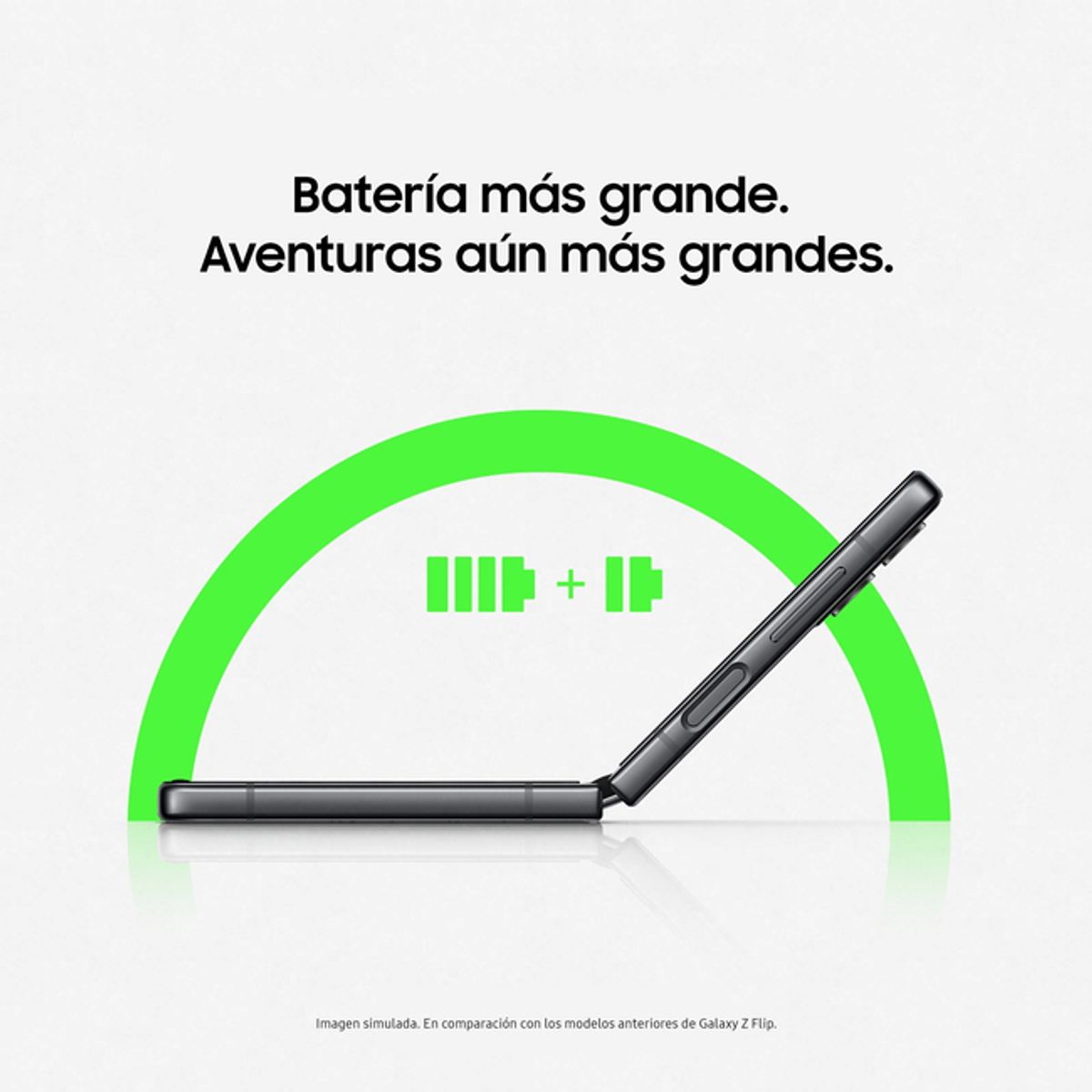 Czarny składany telefon jest częściowo otwarty, z zieloną zakrzywioną grafiką wokół niego.