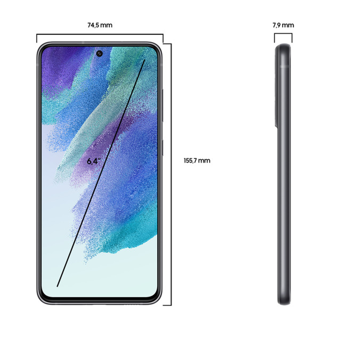 Telefon z oznaczonymi wymiarami. Pokazuje widok z przodu i z boku. Ekran jest czarny.