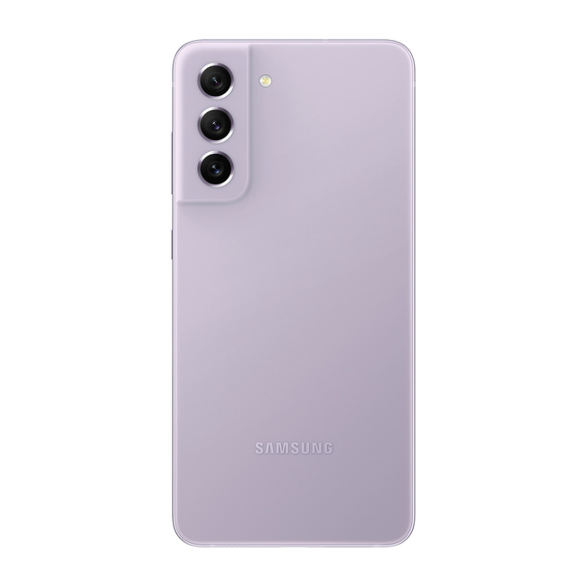 Fioletowy smartfon z trzema aparatami z tyłu. Logo Samsung widoczne na dole.