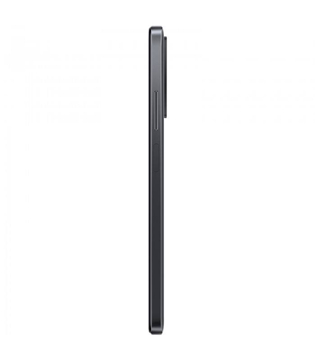 Widok z boku czarnego telefonu. Bok jest czarny z przyciskiem zasilania i regulatorem głośności.
