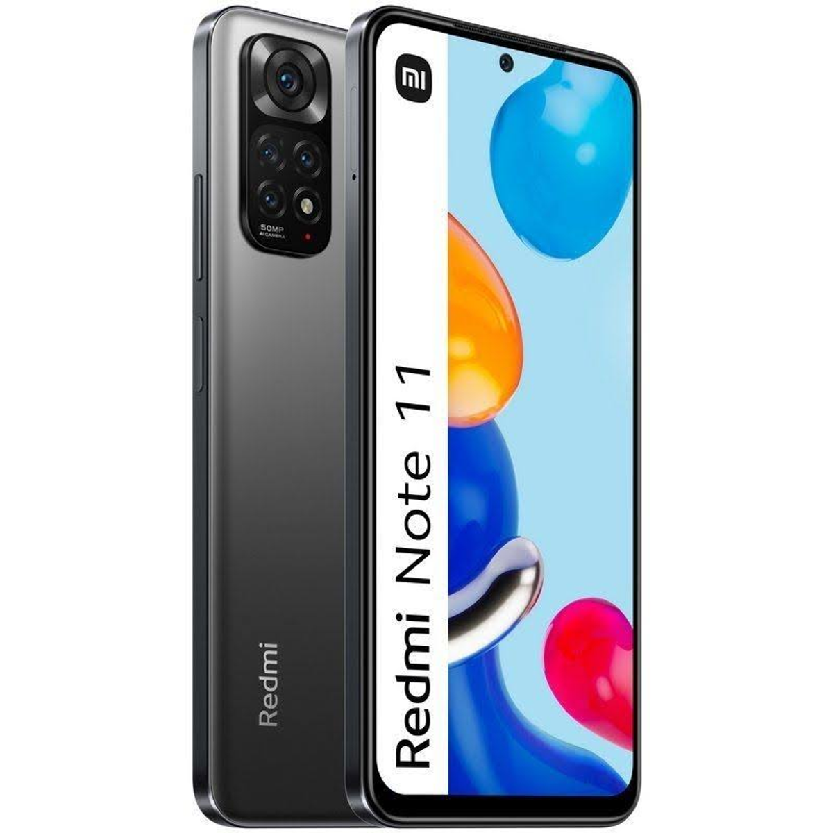 Telefon Redmi Note 11, pokazujący tył i ekran z kolorową grafiką. Logo Xiaomi.