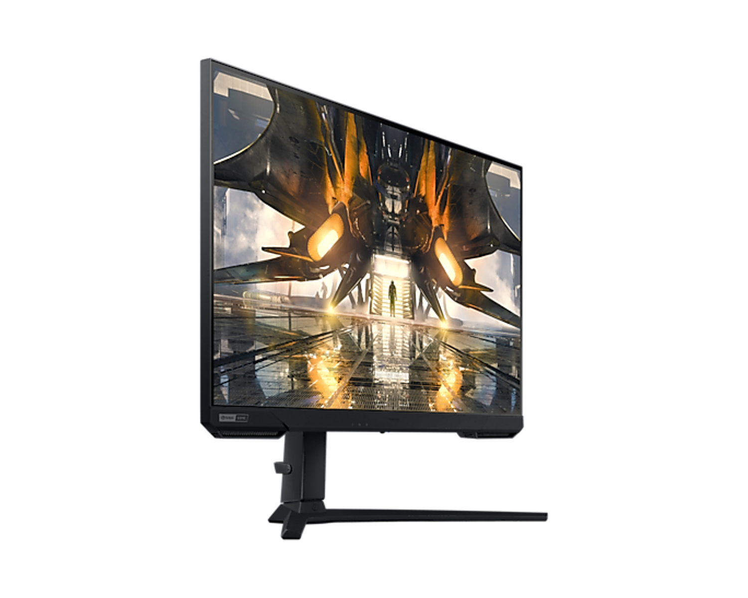 Monitor da gioco, nero con dettagli arancioni, inclinato verso lo spettatore. Design futuristico.