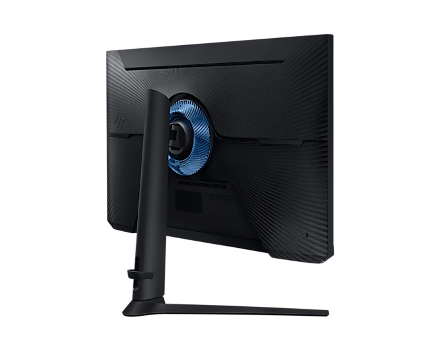 Vista posteriore di un monitor nero. C'è un design blu sul retro e un supporto.