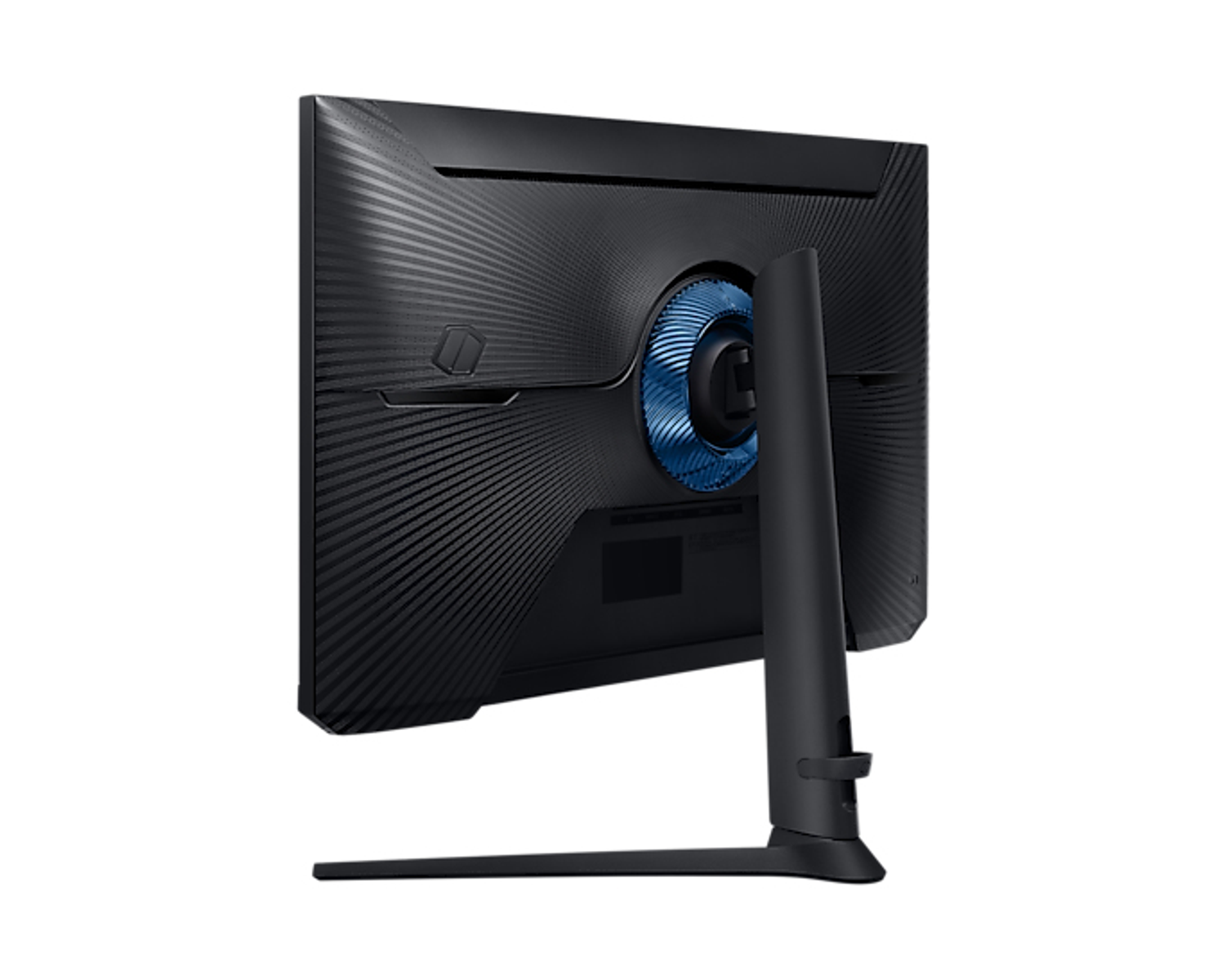 Un monitor da gioco nero e blu dalla parte posteriore, su sfondo bianco. Anche il supporto è nero.