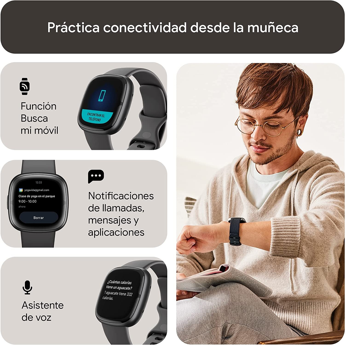 Mężczyzna noszący smartwatch, który wyświetla ikony aplikacji. Inne obrazy pokazują funkcje zegarka.